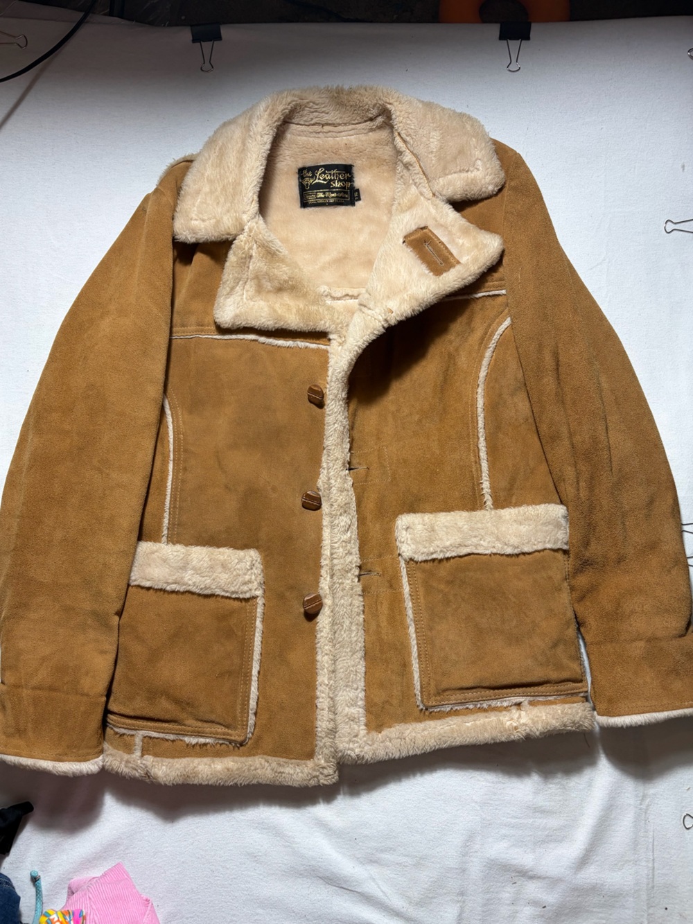Chestnut Suede Shearling Coat with Cream Trim
